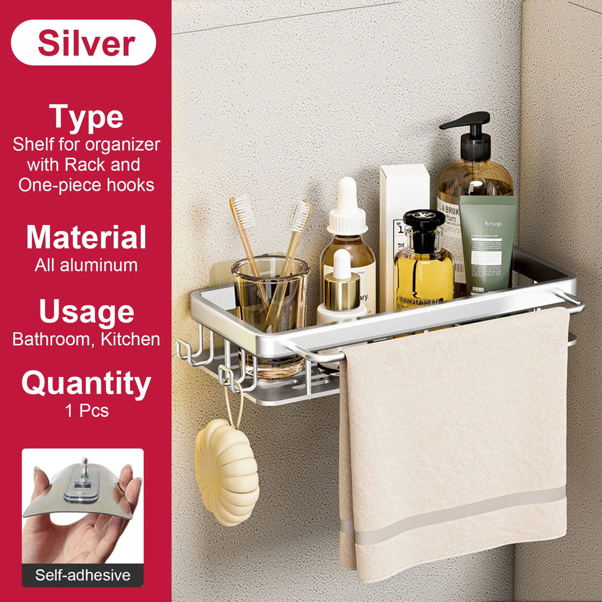 No-Drill Aluminium Shower Shelf