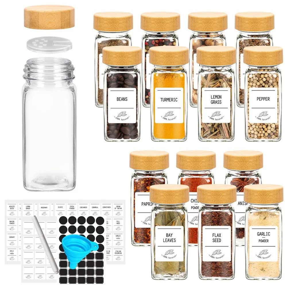 Glass Spice Jar Set with Bamboo Lids (12-Piece)