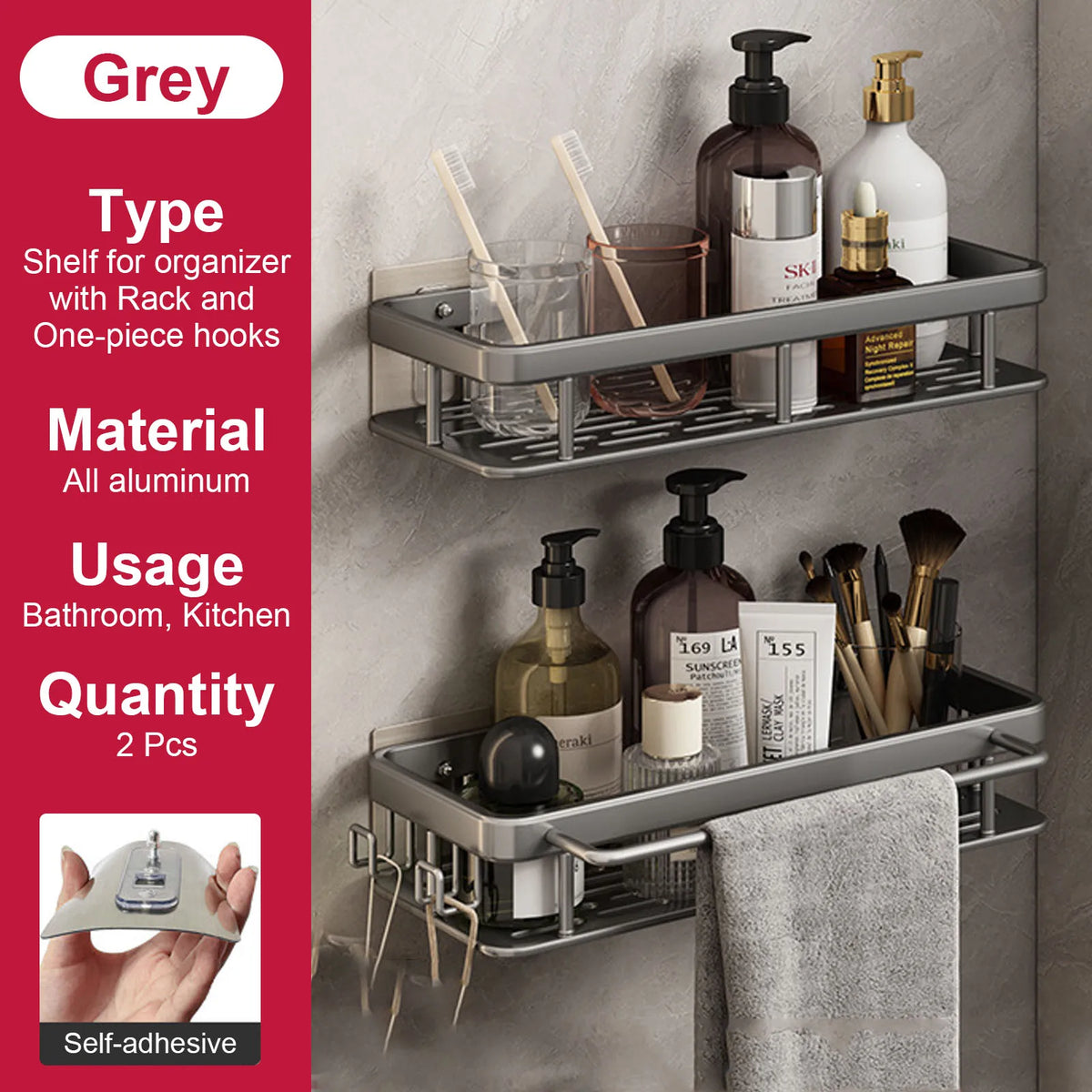 No-Drill Aluminium Shower Shelf