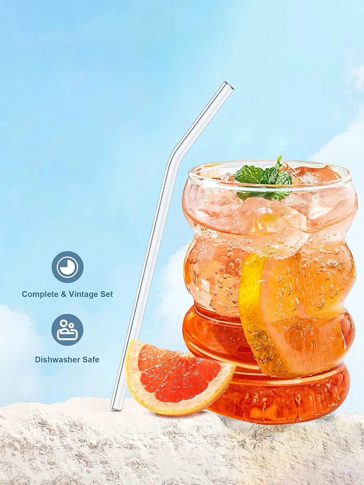 Ribbed Glass Tumbler Set with Straws (4-Piece)