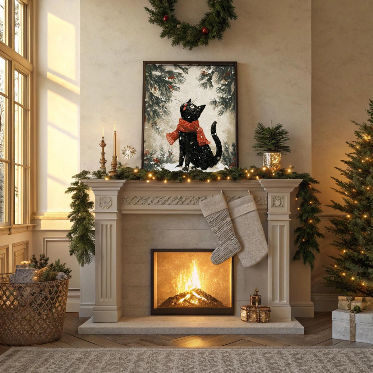 Black Cat Christmas Wall Art