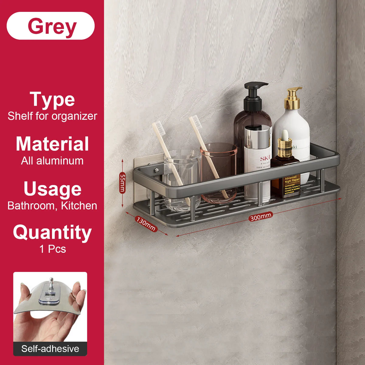 No-Drill Aluminium Shower Shelf