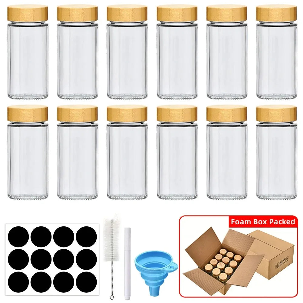 Glass Spice Jar Set with Bamboo Lids (12-Piece)