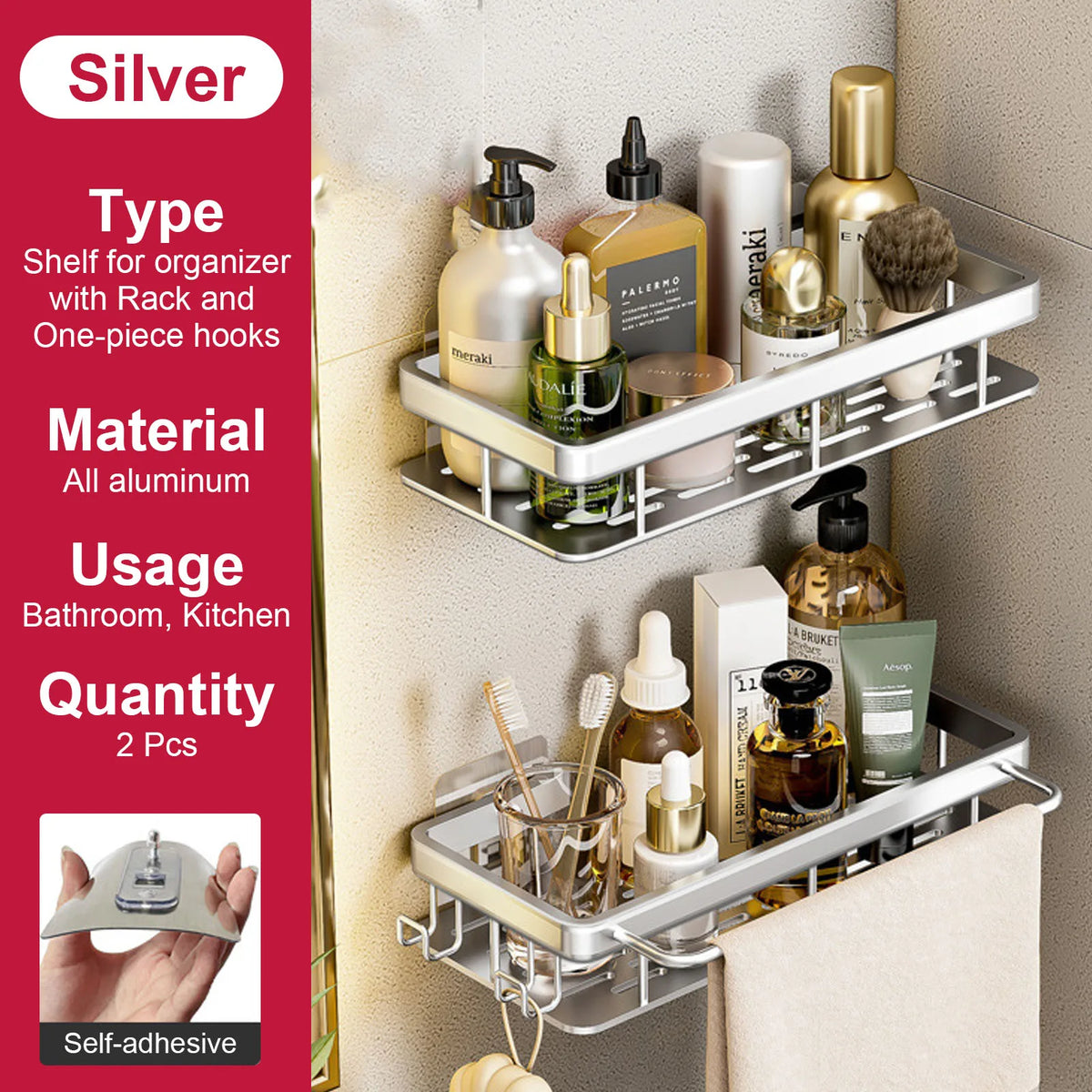 No-Drill Aluminium Shower Shelf