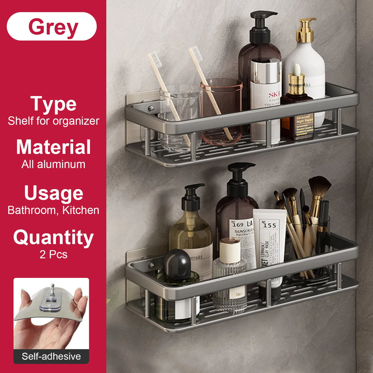 No-Drill Aluminium Shower Shelf