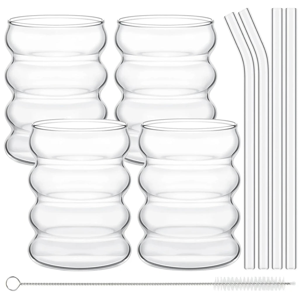 Ribbed Glass Tumbler Set with Straws (4-Piece)