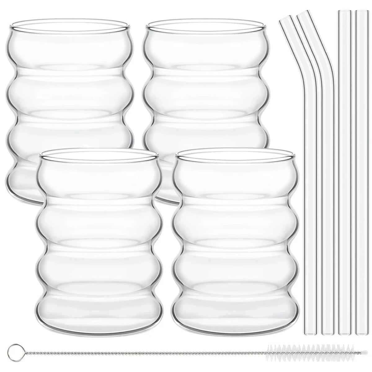 Ribbed Glass Tumbler Set with Straws (4-Piece)