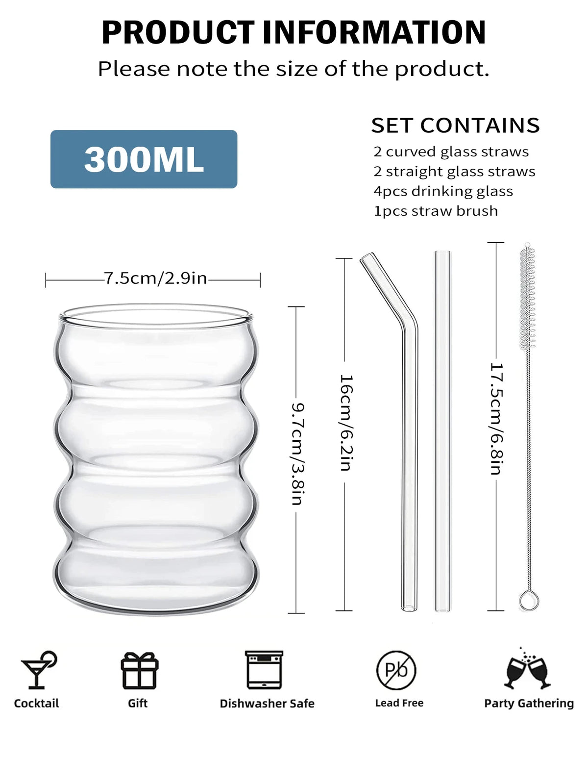 Ribbed Glass Tumbler Set with Straws (4-Piece)