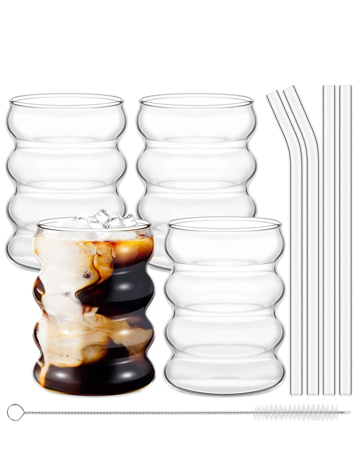 Ribbed Glass Tumbler Set with Straws (4-Piece)