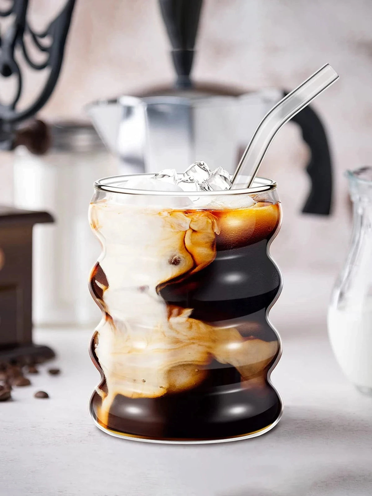 Ribbed Glass Tumbler Set with Straws (4-Piece)
