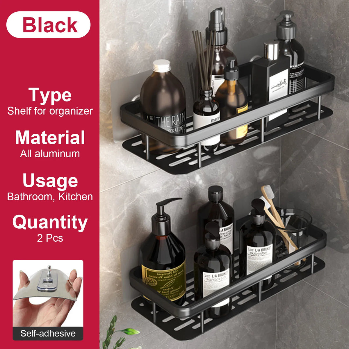 No-Drill Aluminium Shower Shelf
