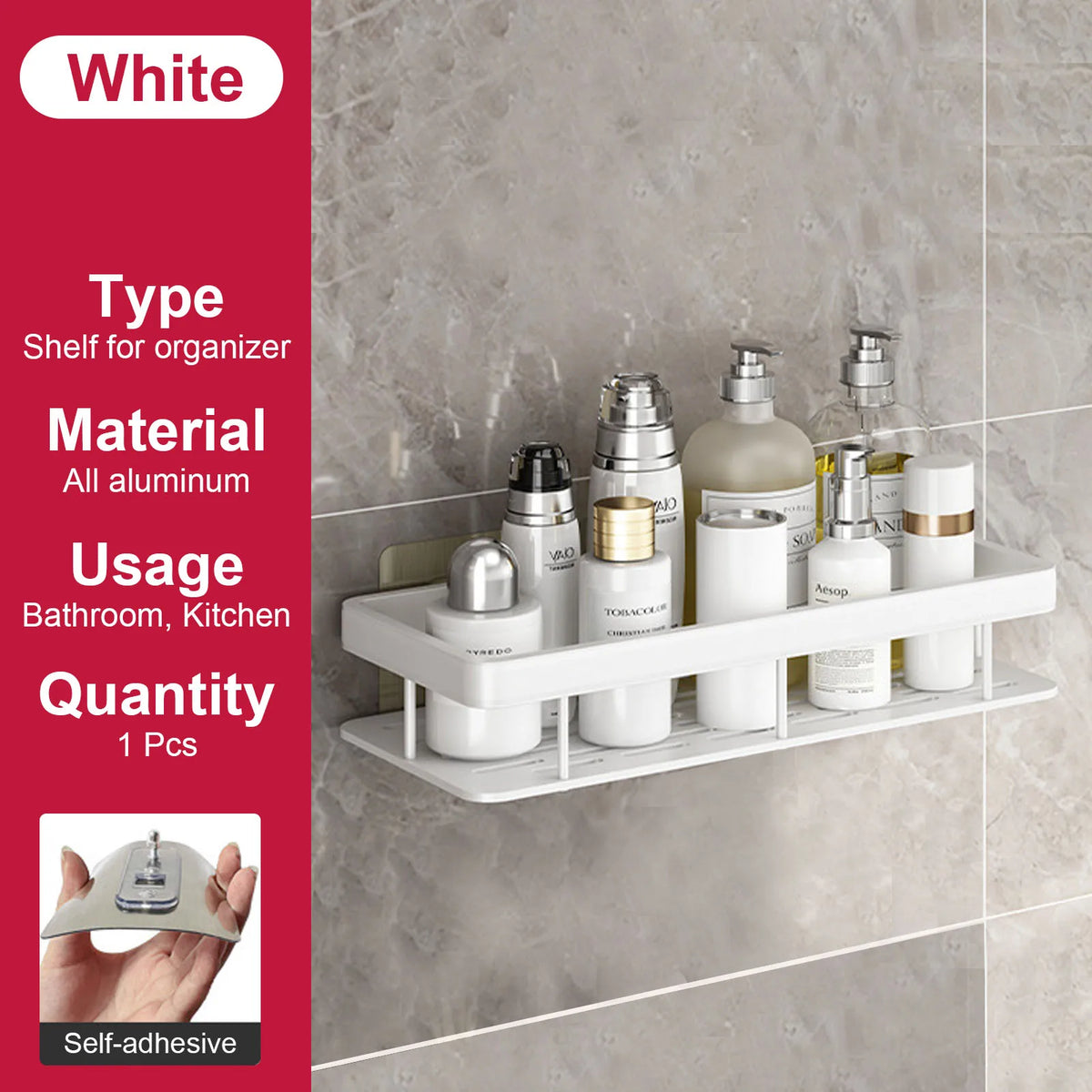 No-Drill Aluminium Shower Shelf